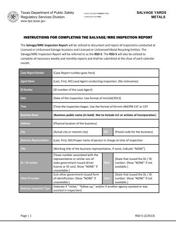 Salvage/MRE Inspection Report - Texas Department of Public Safety