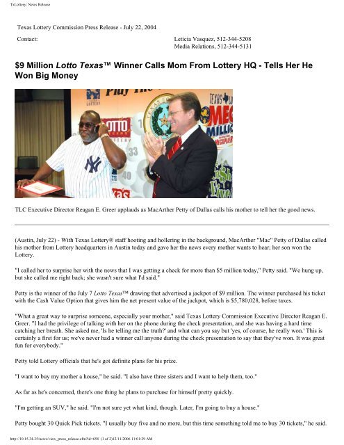 TxLottery: News Release - Texas Lottery