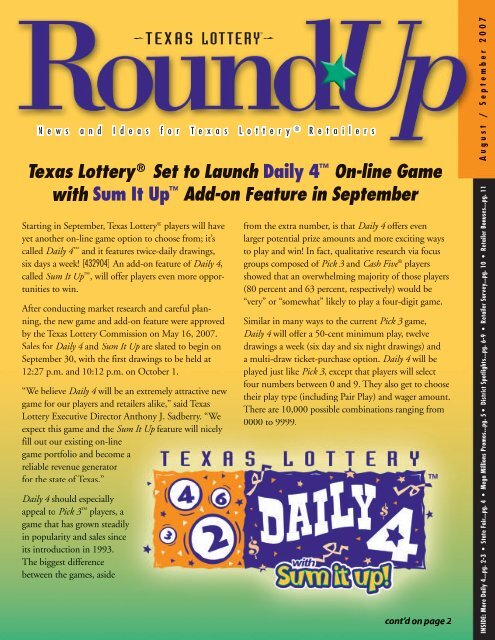 Daily 4â¢ Sum It Upâ¢ - Texas Lottery