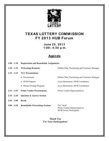 TLC 2013 HUB Forum Agenda and Planning ... - Texas Lottery