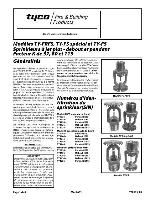 ModÃ¨les TY-FRFS, TY-FS spÃ©cial et TY-FS Sprinkleurs Ã  jet plat