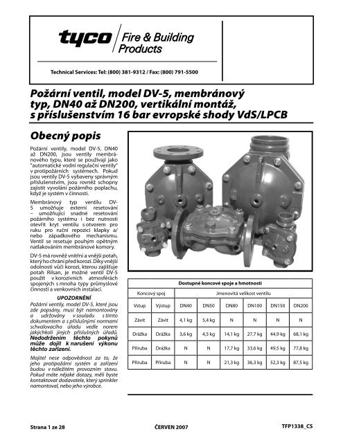 ObecnÃ½ popis PoÅ¾Ã¡rnÃ­ ventil, model DV-5, membrÃ¡novÃ½ typ, DN40 ...