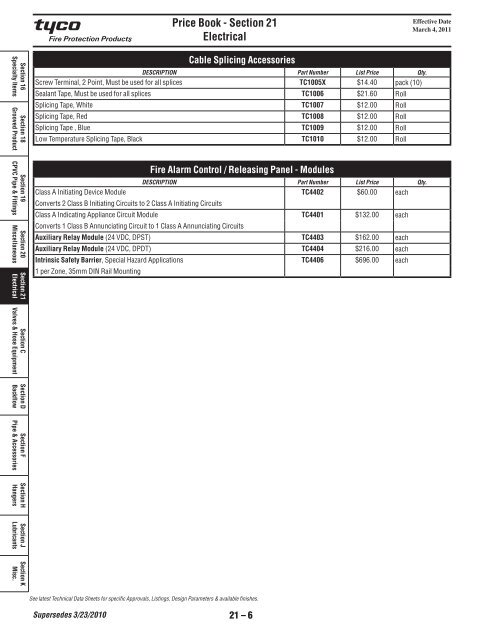 Price Book - Section 21 Electrical - Tyco Fire Products