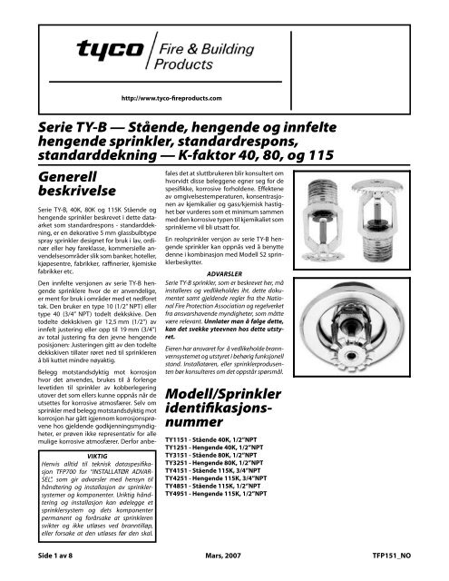 StÃ¥ende, hengende og innfelte hengende sprinkler - Tyco Fire ...