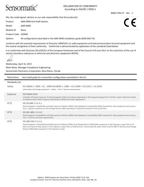 Sensormatic AMS-9040 ISO/IEC Guide 22 and EN45014 Certificate ...