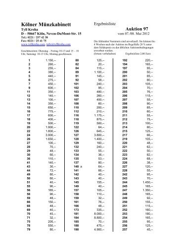 Ergebnisliste Auktion 97 - Tyll Kroha - KÃ¶lner MÃ¼nzkabinett