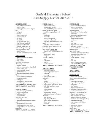 Garfield Elementary School Class Supply List for 2012-2013
