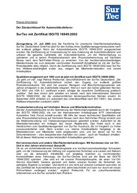 Surtec Mit Zertifikat Iso Ts 16949 2002 U3 Marketing Unlimited