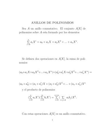 ANILLOS DE POLINOMIOS Sea A un anillo conmutativo. El conjunto ...