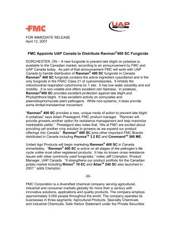 FMC Appoints UAP Canada to Distribute RanmanÂ®400 SC Fungicide