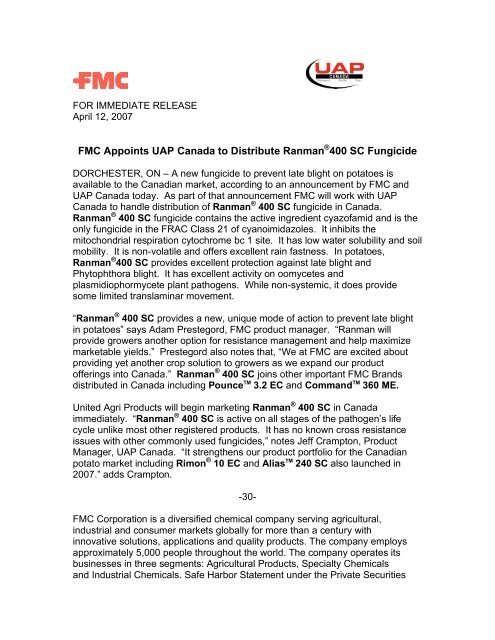 FMC Appoints UAP Canada to Distribute RanmanÂ®400 SC Fungicide
