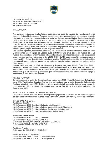 UNIÃN ARGENTINA DE RUGBY MEMORIA Temporada aÃ±o 1969 Y ...