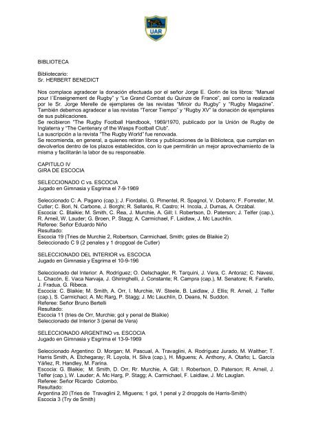 UNIÃN ARGENTINA DE RUGBY MEMORIA Temporada aÃ±o 1969 Y ...