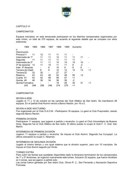 UNIÃN ARGENTINA DE RUGBY MEMORIA Temporada aÃ±o 1969 Y ...