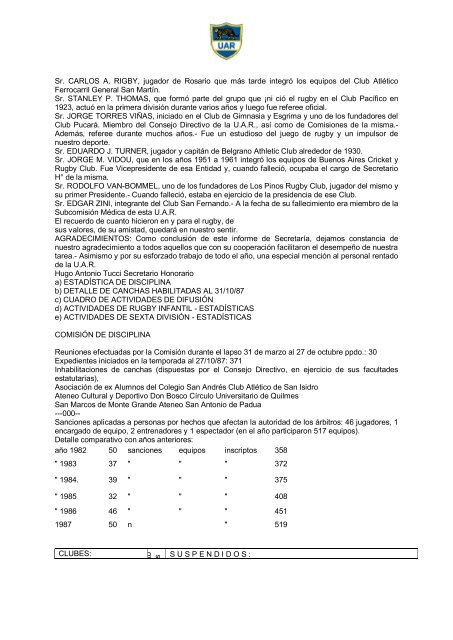 Memoria 1987 - UniÃ³n Argentina de Rugby