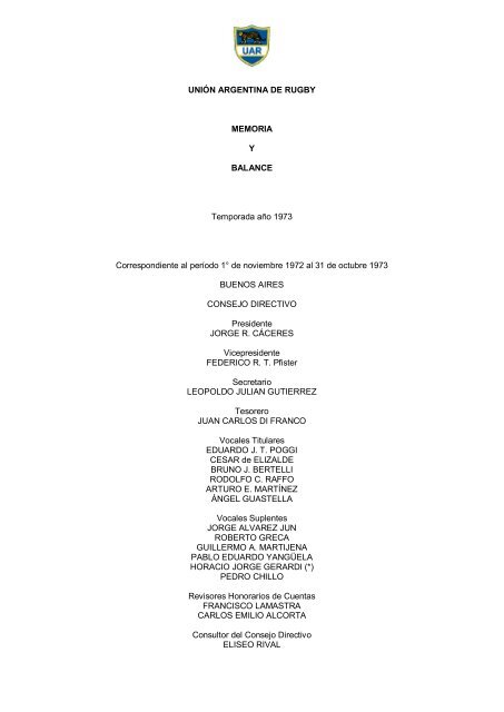 Memoria 1973 - UniÃ³n Argentina de Rugby