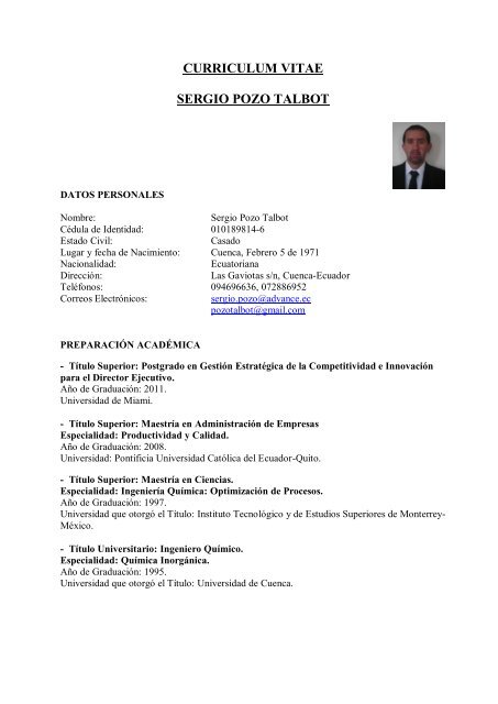 curriculum vitae sergio pozo talbot - Universidad del Azuay