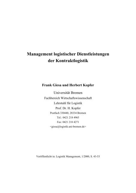 Management logistischer Dienstleistungen der Kontraktlogistik