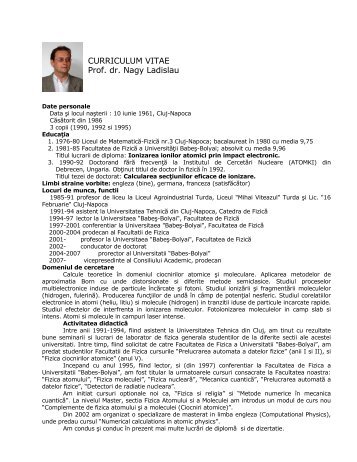 CURRICULUM VITAE Prof. dr. Nagy Ladislau - Universitatea Babes ...