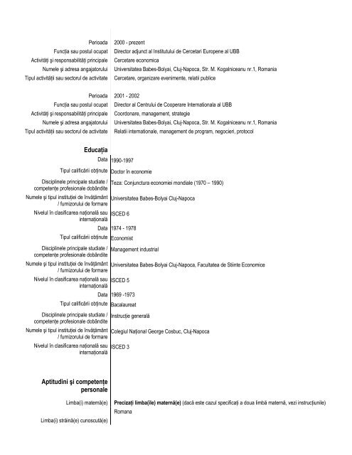 ANEXA 9: FORMULAR CV â Formular electronic - Universitatea ...