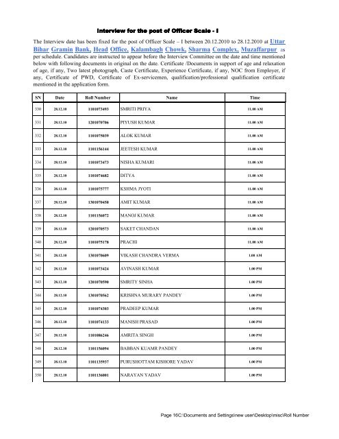 Roll Number - Uttar Bihar Gramin Bank