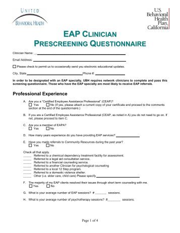 EAP Clinician Prescreening Questionnaire - Ubhonline.com