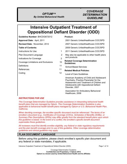 Oppositional Defiant Disorder, Intensive Outpatient ... - Ubhonline.com