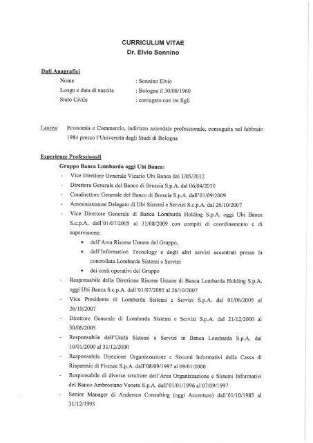 Curriculum Vitae Dr Elvio Sonnino Ubi Banca