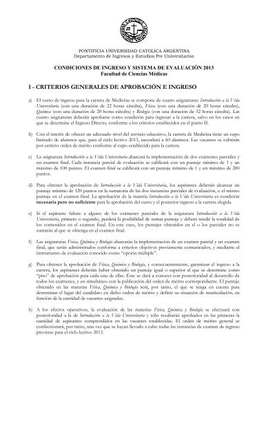 Reglamento Medicina Ingreso 2013 - Universidad CatÃ³lica Argentina
