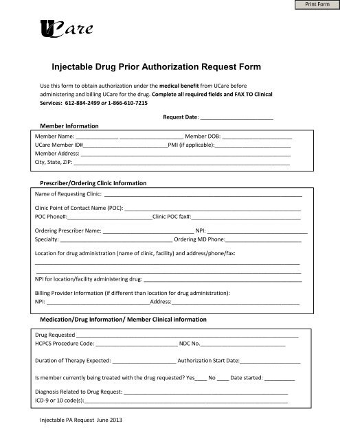 Injectable Drug Prior Authorization Request Form Ucare