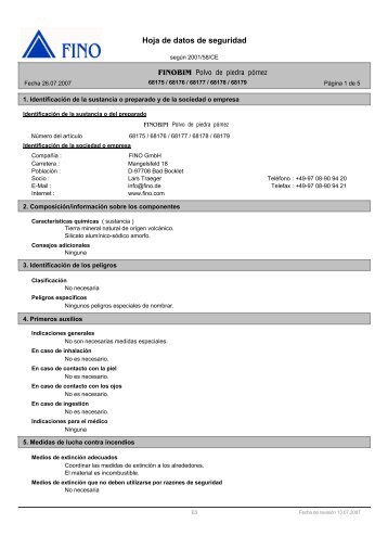 Hoja de datos de seguridad Polvo de piedra pómez - FINO