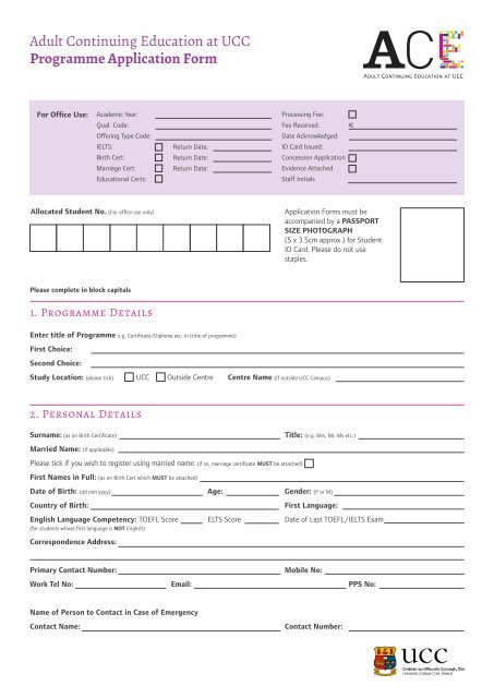 CACE Application Form - University College Cork