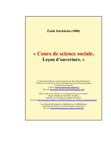 Ãmile Durkheim (1888), Cours de science sociale. LeÃ§on d'ouverture