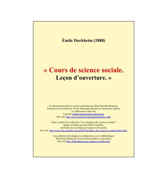 Ãmile Durkheim (1888), Cours de science sociale. LeÃ§on d'ouverture