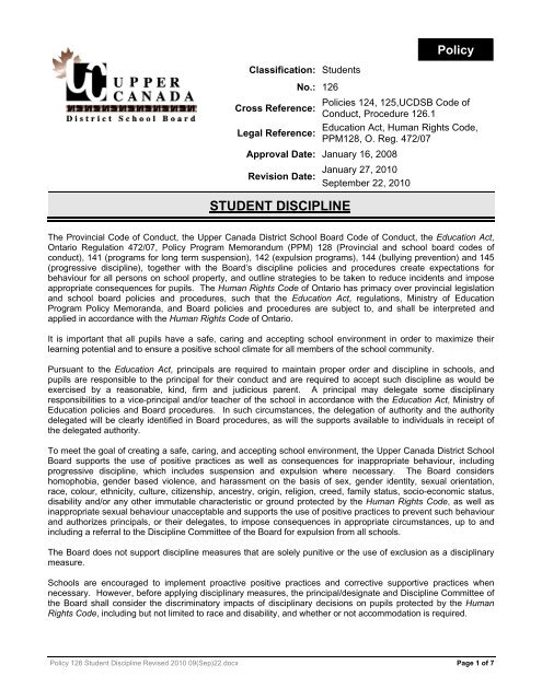 Policy 126 Student Discipline - Upper Canada District School Board