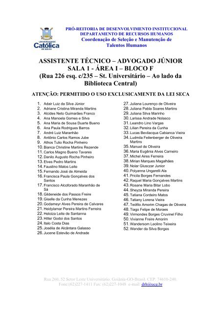 ASSISTENTE TÃCNICO â ADVOGADO JÃNIOR SALA 1 ... - Ucg