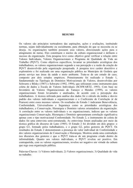 relaÃ§Ãµes entre valores individuais, valores organizacionais e ... - Ucg