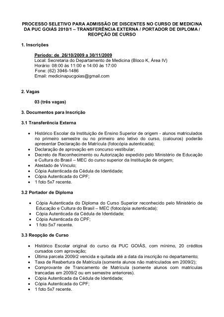 PROCESSO SELETIVO PARA ADMISSÃO NO CURSO DE ... - Ucg