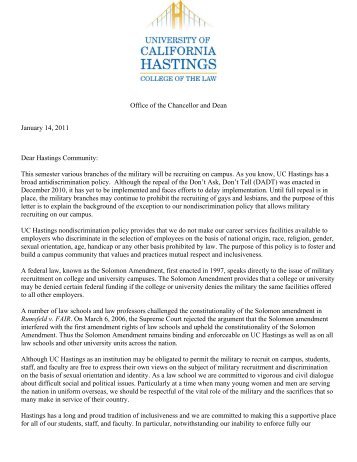 Dean's Letter on Military Recruiting on Campus - Hastings College ...