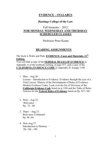 EVIDENCE â SYLLABUS - Hastings College of the Law