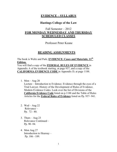 EVIDENCE â SYLLABUS - Hastings College of the Law