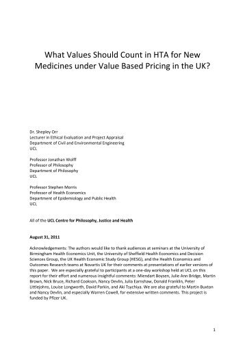 What Values Should Count in Value Based Pricing for the NHS - UCL