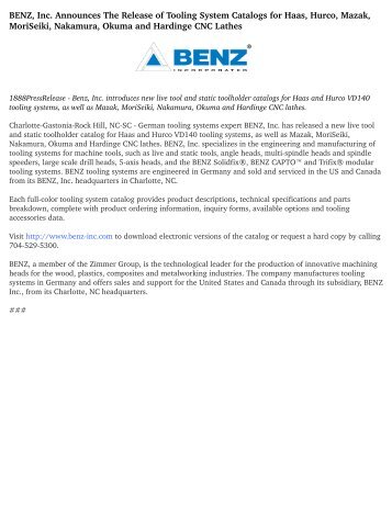 BENZ, Inc. Announces The Release of Tooling System Catalogs for Haas, Hurco, Mazak, MoriSeiki, Nakamura, Okuma and Hardinge CNC Lathes