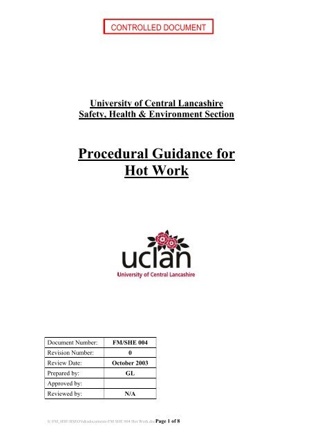 Procedural Guidance for Hot Work - University of Central Lancashire