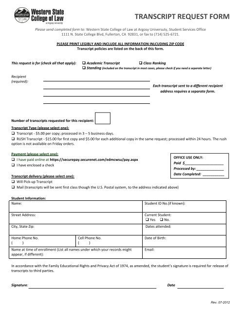 Transcript Request Form - Western State College of Law