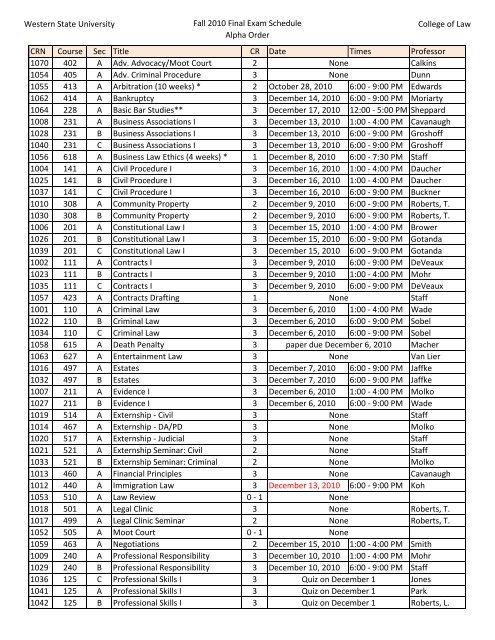 Western State University Fall 2010 Final Exam Schedule Alpha ...