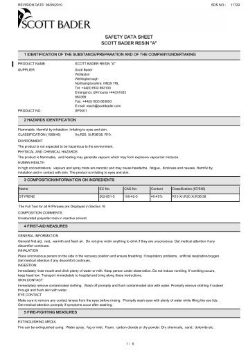 SAFETY DATA SHEET SCOTT BADER RESIN "A" - Flint Hire & Supply