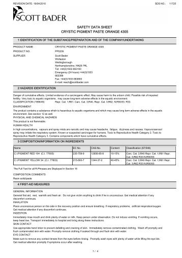 safety data sheet crystic pigment paste orange 4305 - Flint Hire ...