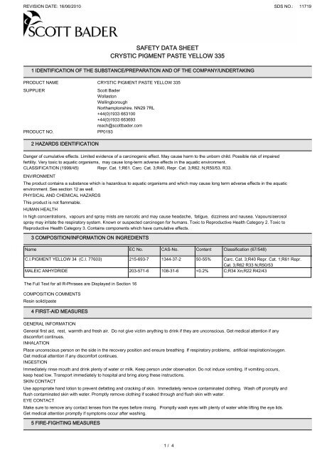 safety data sheet crystic pigment paste yellow 335 - Flint Hire & Supply