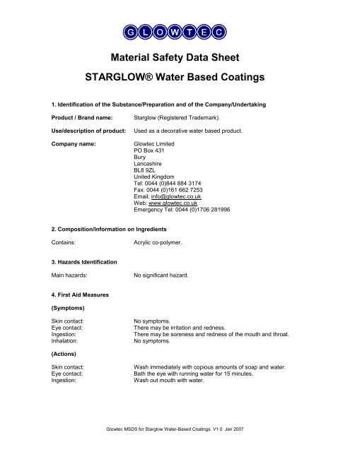 Material Safety Data Sheet STARGLOW® Water Based Coatings